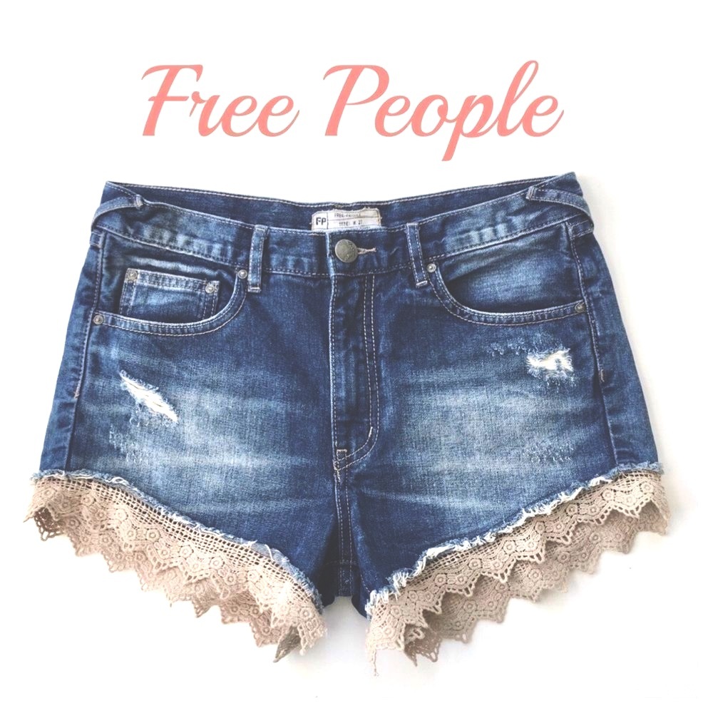 Free People Higher Rise Denim Shorts, Crochet Trim, Boho Cute